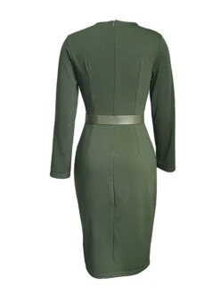 Women's Work Dress Casual Dress Sheath Dress Fashion Office Daily Workfashion Midi Dress Lace Up Ruched V Neck Long Sleeve Plain Regular Fit Red Green Dark Blue Fall Winter S M L XL XXL -Tesla Style bmjxsq1695645168433