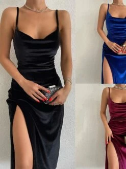 Women's Christmas Party Dress Black Velvet Dress Wedding Guest Dress Midi Dress Blue Sleeveless Pure Color Split Spring Fall Winter Spaghetti Strap Fashion Winter Dress Evening Party -Tesla Style bmsrfn1692351293725