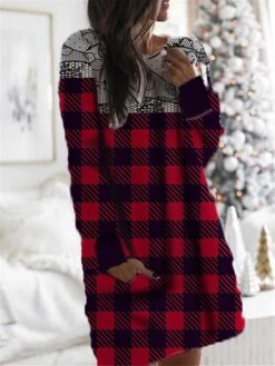 Women's Christmas Hoodie Dress Shift Dress Mini Dress Wine Light Red Fuchsia Red White Long Sleeve Plaid Elk Color Gradient Pocket Print Winter Fall Hooded Casual 2022 S M L XL XXL 3XL -Tesla Style bmwpku1667212067379
