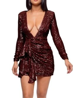 Women's Party Dress Sequin Dress Homecoming Dress Mini Dress Silver Black Pink Long Sleeve Pure Color Sequins Spring Fall Winter Deep V Party Spring Dress 2023 S M L XL 2XL -Tesla Style bmxeed1672223548204