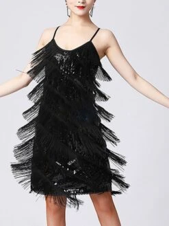 Women's Party Dress Fringe Dress Sequin Dress Midi Dress Silver Black White Sleeveless Pure Color Sequins Summer Spring Fall Spaghetti Strap Fashion Party Vacation Summer Dress 2022 S M L XL XXL 3XL -Tesla Style bmxkjc1639557634040