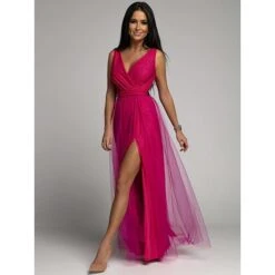 Women‘s Prom Party Dress Wedding Guest Sheath Dress Swing Dress Long Dress Maxi Dress Pink Purple Sleeveless Pure Color Mesh Winter Fall Spring V Neck Fashion Evening Party Slim 2023 S M L XL -Tesla Style bnfeaw1676376842462