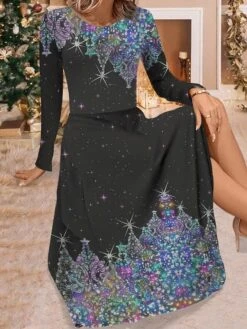 Women's Work Dress Casual Dress Swing Dress Fashion Winter Dress Christmas Daily Midi Dress Print Crew Neck Long Sleeve Christmas Tree Regular Fit Black Wine Red Fall Winter S M L XL XXL -Tesla Style bngcay1695264758957