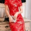 Women‘s Wedding Guest Dress Party Dress Bodycon Sheath Dress Cheongsam Dress Mini Dress Black Pink Red Short Sleeve Floral Split Spring Summer Stand Collar Elegant Weekend Spring Dress 2023