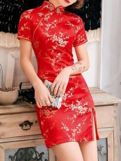 Women‘s Wedding Guest Dress Party Dress Bodycon Sheath Dress Cheongsam Dress Mini Dress Black Pink Red Short Sleeve Floral Split Spring Summer Stand Collar Elegant Weekend Spring Dress 2023