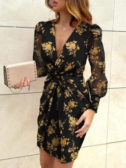 Women's Normal Satin Dress A Line Dress Mini Dress Leopard Safflower On White Yellow Flower On Black Long Sleeve Leopard Ruched Summer Spring V Neck Ethnic Style Winter Dress Fall Dress 2023 S M L XL -Tesla Style bnnktj1622777074214