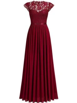 Women's Prom Dress Party Dress Lace Dress Long Dress Maxi Dress Black Wine Navy Blue Short Sleeve Pure Color Lace Summer Spring Fall Crew Neck Party Wedding Guest Vacation Fall Dress 2023 S M L XL 2XL -Tesla Style bohqes1685101814385