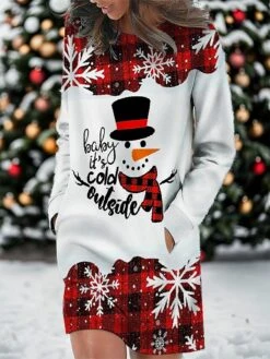 Women's Casual Dress Christmas Dress Sweatshirt Dress Snowman Snowflake Pocket Print Crew Neck Mini Dress Fashion Streetwear Outdoor Christmas Long Sleeve Loose Fit Wine Fall Winter S M L XL XXL