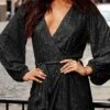 Women‘s Party Dress Sequin Dress Homecoming Dress Cocktail Dress Mini Dress Black White Champagne Long Sleeve Pure Color Sparkly Glitter Lace Up Fall Winter Autumn V Neck Wedding Guest -Tesla Style bosdui1694592546056