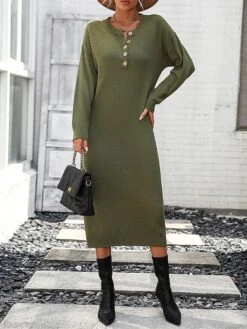 Women's Sweater Dress Jumper Dress Casual Dress Midi Dress Active Plain Outdoor Casual Holiday Vacation Crew Neck Long Sleeve Button 2023 Loose Fit Black White Purple S M L XL -Tesla Style bozejw1697595521130