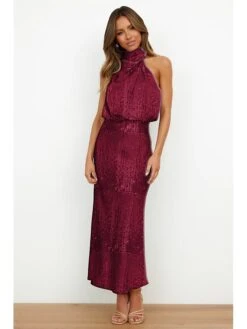 Women's Sequin Dress Midi Dress Black Wine Red Sleeveless Pure Color Sequins Winter Autumn Halter Neck Party Birthday 2023 S M L XL -Tesla Style bpjidh1697774103681