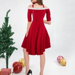 Women's Christmas Swing Dress Party Dress Midi Dress Red Half Sleeve Santa Claus Cold Shoulder Plus High Low Faux Fur Trim Winter Fall V Neck Vintage Elegant Sexy Party Christmas 2022 S M L XL XXL -Tesla Style bqgjss1630917699898