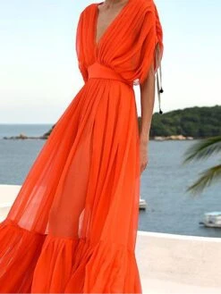 Women's Party Dress Casual Dress Wedding Guest Dress Long Dress Maxi Dress Orange Short Sleeve Pure Color Ruched Summer Spring Fall V Neck Fashion Party Birthday Vacation 2022 S M L XL -Tesla Style bqkhzy1648033233020
