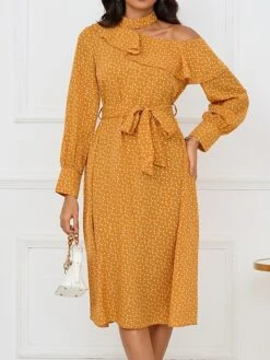 Women's Work Dress Casual Dress Swing Dress Fashion Winter Dress Daily Midi Dress Lace Up Ruched Crew Neck Long Sleeve Floral Loose Fit Yellow Fall Winter S M L XL