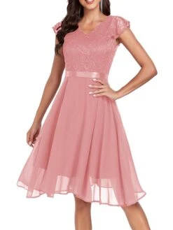 Women's Party Dress Lace Dress Cocktail Dress Midi Dress Pink Wine Navy Blue Short Sleeve Pure Color Lace Spring Fall Winter V Neck Fashion Winter Dress Wedding Guest Vacation 2023 S M L XL XXL -Tesla Style bqmdja1692179081733