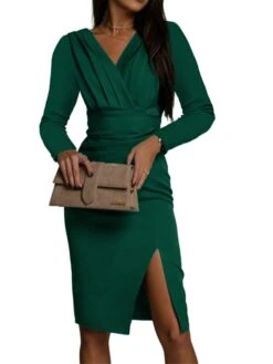 Women's Work Dress Sheath Dress Semi Formal Dress Fashion Winter Dress Office Workfashion Midi Dress Ruched Split V Neck Long Sleeve Stripe Plain Regular Fit Blue Green Fall Winter S M L XL XXL -Tesla Style bqpsql1695096217883