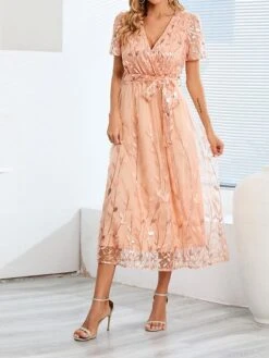 Women's Party Dress Sequin Dress Cocktail Dress Midi Dress White Champagne Red Short Sleeve Pure Color Lace Up Summer Spring V Neck Fashion Wedding Guest Vacation Summer Dress 2023 S M L XL 2XL -Tesla Style bqqmte1679035610519