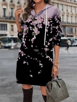 Women's Casual Dress Hoodie Dress Mini Dress Warm Fashion Outdoor Vacation Going Out Hoodie Pocket Print Floral Regular Fit Blue Purple Green S M L XL XXL -Tesla Style brvgzr1695027778518