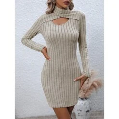 Women's Sweater Dress Winter Dress Jumper Dress Mini Dress Cut Out Outdoor Street Daily Fashion Sexy Turtleneck Long Sleeve 2023 Slim Khaki Color S M L XL XXL Size -Tesla Style brwytk1692353002122