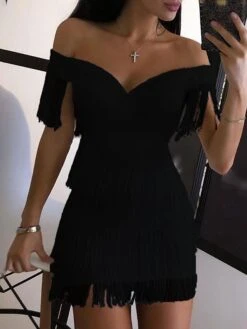 Women‘s Wedding Guest Dress Party Dress Fringe Dress Homecoming Dress Mini Dress Black White Sleeveless Pure Color Tassel Fringe Fall Spring Summer V Neck Fashion Birthday 2023 S M L XL -Tesla Style bscjbd1632289221077