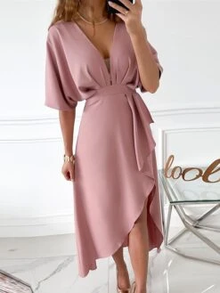Women's Party Dress Cocktail Dress Satin Dress Midi Dress Pink Wine Half Sleeve Pure Color Ruffle Spring Fall Winter V Neck Fashion Winter Dress Wedding Guest Birthday 2023 S M L XL -Tesla Style bsnekz1697106608685