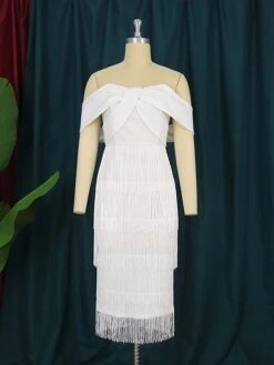 Women‘s Christmas Prom Dress Party Dress Fringe Dress Midi Dress White Green Rose Short Sleeve Pure Color Tassel Fringe Fall Winter Autumn Off Shoulder Fashion Vacation 2023 S M L XL XXL 3XL 4XL -Tesla Style bsoioc1694503329259