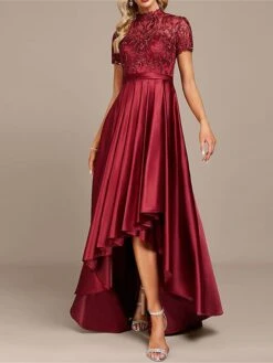 Women's Prom Dress Party Dress Swing Dress Long Dress Maxi Dress Wine Short Sleeve Pure Color Lace Summer Spring Fall Stand Collar Fashion Birthday Evening Party Wedding Guest 2023 S M L XL -Tesla Style bsonrz1677207640919