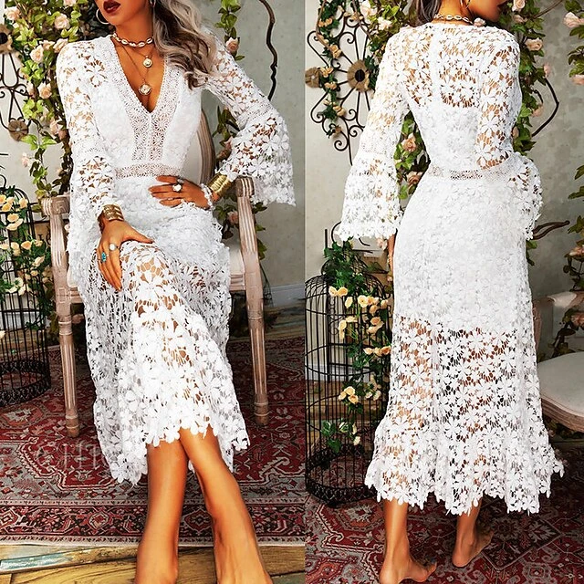 Women's Party Dress Lace Dress Homecoming Dress Long Dress Maxi Dress White Yellow Pink Long Sleeve Pure Color Lace Summer Spring Fall Deep V Fashion Winter Dress Birthday Wedding Guest 2022 S M L XL 3 Women's Party Dress Lace Dress Homecoming Dress Long Dress Maxi Dress White Yellow Pink Long Sleeve Pure Color Lace Summer Spring Fall Deep V Fashion Winter Dress Birthday Wedding Guest 2022 S M L XL