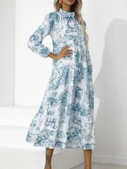 Women's Work Dress Swing Dress Semi Formal Dress Fashion Midi Dress Print Stand Collar Long Sleeve Floral Loose Fit Red Blue Green Fall S M L XL XXL -Tesla Style btdkii1693300606607