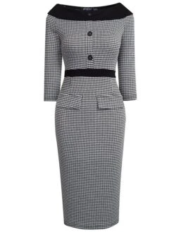 Women's Work Dress Sheath Dress Semi Formal Dress Fashion Midi Dress Button Pocket Crew Neck 3/4 Length Sleeve Houndstooth Regular Fit Black Fall Winter S M L XL -Tesla Style btmudy1692603086325