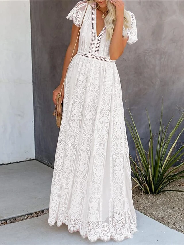 Women's Party Dress Lace Dress Swing Dress Long Dress Maxi Dress Pink White Short Sleeve Pure Color Lace Spring Summer V Neck Modern 2023 S M L XL XXL 15 Women's Party Dress Lace Dress Swing Dress Long Dress Maxi Dress Pink White Short Sleeve Pure Color Lace Spring Summer V Neck Modern 2023 S M L XL XXL - Image 13