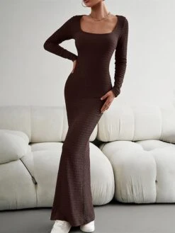 Women's Sweater Dress Jumper Dress Sheath Dress Long Dress Maxi Dress Fashion Pure Color Outdoor Daily Holiday Vacation U Neck Long Sleeve 2023 Slim Black Wine Brown S M L XL -Tesla Style buoedh1692090321982