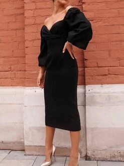 Women's Work Dress Sheath Dress Semi Formal Dress Fashion Winter Dress Office Daily Midi Dress Backless Off Shoulder Long Sleeve Plain Regular Fit Black Wine Fall Winter S M L -Tesla Style buoxlm1697098983996