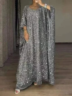 Women‘s Prom Dress Party Dress Sequin Dress Long Dress Maxi Dress Silver Long Sleeve Pure Color Sparkly Glitter Sequins Spring Fall Winter V Neck Fashion Winter Dress Wedding Guest Evening -Tesla Style buqsvg1693535449582