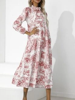 Women's Work Dress Swing Dress Semi Formal Dress Fashion Midi Dress Print Stand Collar Long Sleeve Floral Loose Fit Red Blue Green Fall S M L XL XXL -Tesla Style buuhup1693300585997