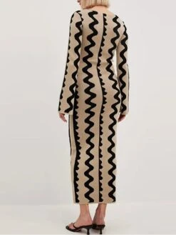 Women's Sweater Dress Winter Dress Jumper Dress Long Dress Maxi Dress Active Stripe Print Outdoor Street Daily Vacation Crew Neck Long Sleeve Print 2023 Slim Black Khaki S M L XL -Tesla Style bvbwgv1695111720624