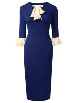 Women's Work Dress Sheath Dress Semi Formal Dress Fashion Midi Dress Lace Up Ruffle Crew Neck Long Sleeve Color Block Regular Fit Black Dark Blue Fall Winter S M L XL XXL -Tesla Style bvdddt1693374191811