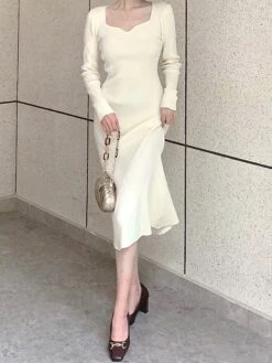 Women's Sweater Dress Jumper Dress Casual Dress Midi Dress Fashion Pure Color Outdoor Daily Vacation Going Out V Neck Long Sleeve Patchwork 2023 Regular Fit Black Pink Blue S M -Tesla Style bvfkss1695268443305