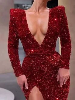 Women's Prom Dress Party Dress Sequin Dress Long Dress Maxi Dress Black Wine Red Long Sleeve Pure Color Sequins Fall Winter Autumn Deep V Fashion Winter Dress Wedding Guest Evening Party 2023 S M L -Tesla Style bvhsii1697532249154