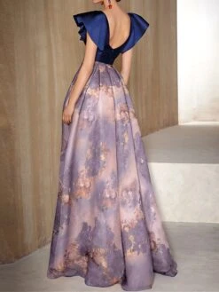 Women's Prom Dress Party Dress Satin Dress Long Dress Maxi Dress Blue Short Sleeve Floral Ruffle Spring Fall Winter V Neck Fashion Wedding Guest Birthday Evening Party S M L XL XXL 3XL -Tesla Style bvketj1697422589592