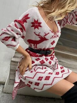 Women‘s Christmas Sweater Dress Jumper Dress Winter Dress Warm Geometric Tree Print Outdoor Christmas Casual Daily V Neck Long Sleeve 2023 Loose Fit White Wine Rusty Red S M L XL -Tesla Style bvnqkg1694165717760