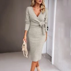 Women's Sweater Dress Winter Dress Jumper Dress Midi Dress Lace Up Daily Date Going Out Fashion Basic V Neck Long Sleeve 2023 Slim Green Dark Grey Beige Color S M L XL Size -Tesla Style bvxvci1697696848665