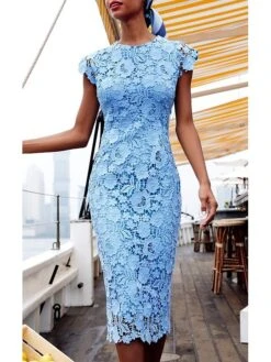 Women‘s Lace Dress Sheath Dress Midi Dress Blue Short Sleeve Solid Color Lace Spring Summer Round Neck Classic & Timeless Party 2023 S M L XL -Tesla Style bwabsx1623052884452 1
