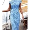 Women‘s Lace Dress Sheath Dress Midi Dress Blue Short Sleeve Solid Color Lace Spring Summer Round Neck Classic & Timeless Party 2023 S M L XL -Tesla Style bwabsx1623052884452