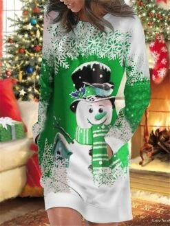 Women's Christmas Casual Dress Sweatshirt Dress Mini Dress Warm Fashion OutdoorHoliday Crew Neck Pocket Print Snowman Snowflake Loose Fit Red Purple Green S M L XL XXL -Tesla Style bwernw1695644538682