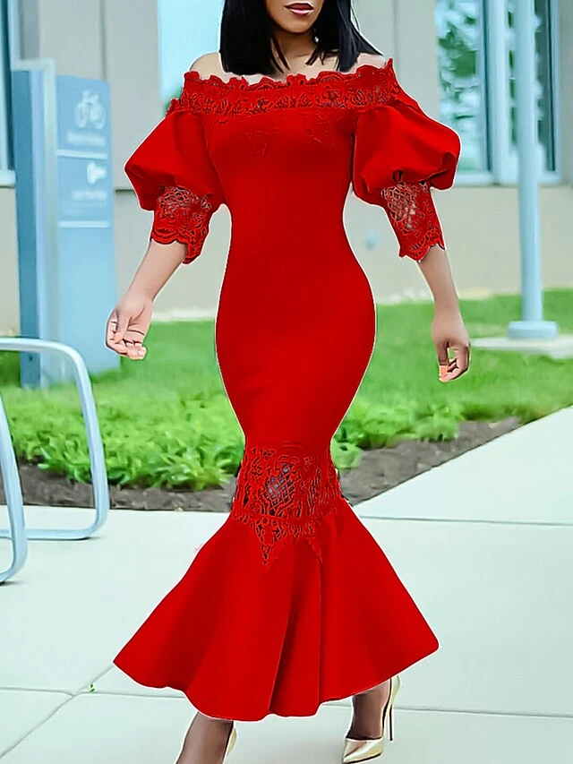 Women's Prom Dress Party Dress Work Dress Long Dress Maxi Dress Black White Pink 3/4 Length Sleeve Pure Color Lace Spring Fall Winter Off Shoulder Fashion Winter Dress Wedding Guest Evening Party 2023 5 Women's Prom Dress Party Dress Work Dress Long Dress Maxi Dress Black White Pink 3/4 Length Sleeve Pure Color Lace Spring Fall Winter Off Shoulder Fashion Winter Dress Wedding Guest Evening Party 2023 - Image 3