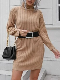 Women's Sweater Dress Jumper Dress Casual Dress Long Dress Maxi Dress Active Pure Color Outdoor Casual Holiday Vacation Turtleneck Long Sleeve Patchwork 2023 Loose Fit Green Khaki S M L -Tesla Style bwjmgh1694427570297