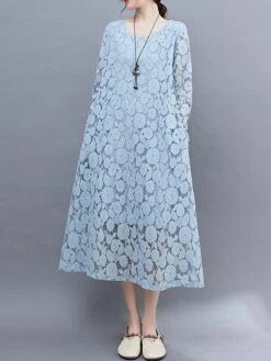 Women's Work Dress Lace Dress Black Dress Fashion Midi Dress Lace Pocket Crew Neck Long Sleeve Plain Loose Fit Black White Pink Fall M L XL XXL 3XL -Tesla Style bwnklp1693281257881