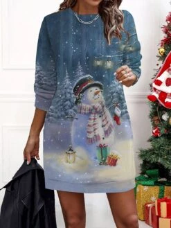 Women‘s Christmas Casual Dress Sweatshirt Dress Mini Dress Warm Fashion Outdoor Holiday Crew Neck Print Santa Claus Snowman Loose Fit Black Red Burgundy S M L XL XXL -Tesla Style bwwnjw1695637007632