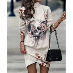 Women's Sweatshirt Dress Winter Dress Shift Dress Midi Dress Black And White Black Gray Black And White Stripes 3/4 Length Sleeve Print Print Fall Winter Autumn Turtleneck Fashion 2023 S M L XL 2XL -Tesla Style bxevzx1664332397936